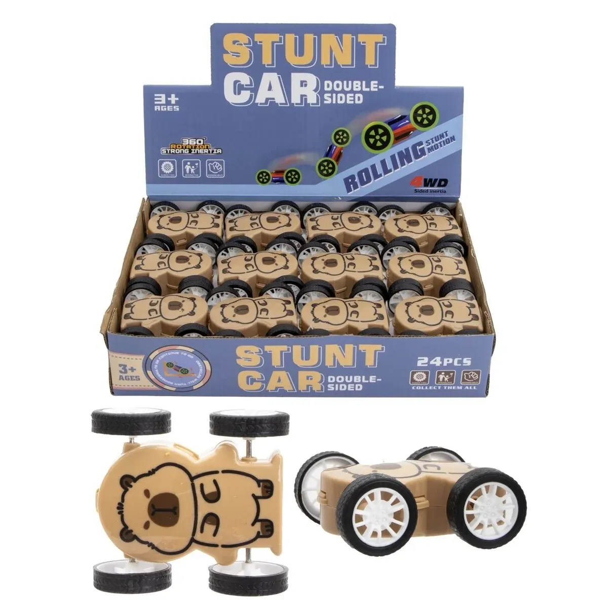 Dvipusis inercinis triukų automobilis su kapibara