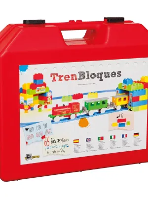 Traukinys su bėgiais, figūrėlėmis ir konstruktoriumi