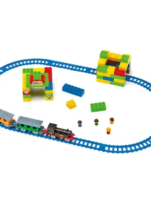 Traukinys su bėgiais, figūrėlėmis ir konstruktoriumi