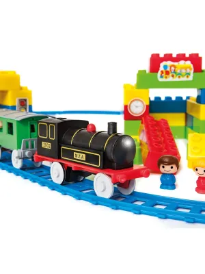 Traukinys su bėgiais, figūrėlėmis ir konstruktoriumi